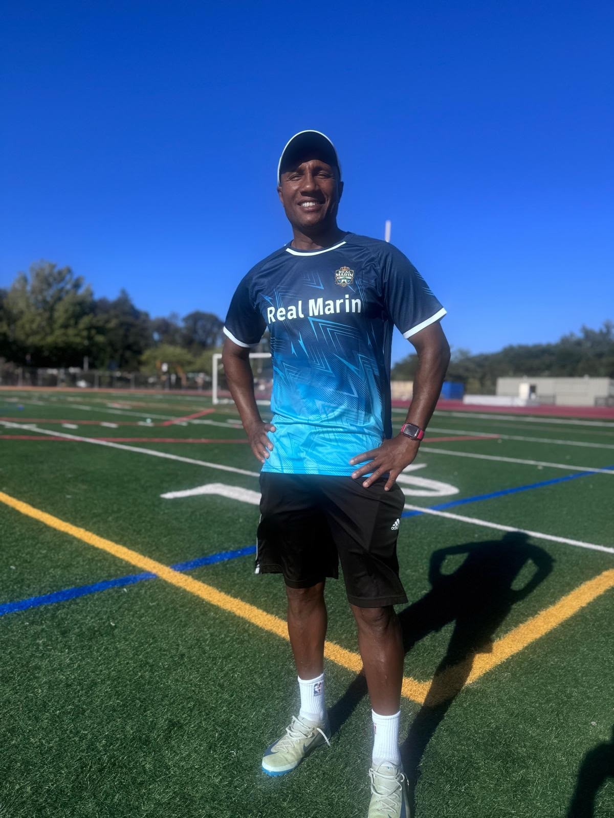 Coach Adilson on the field, wearing a Real Marin jersey